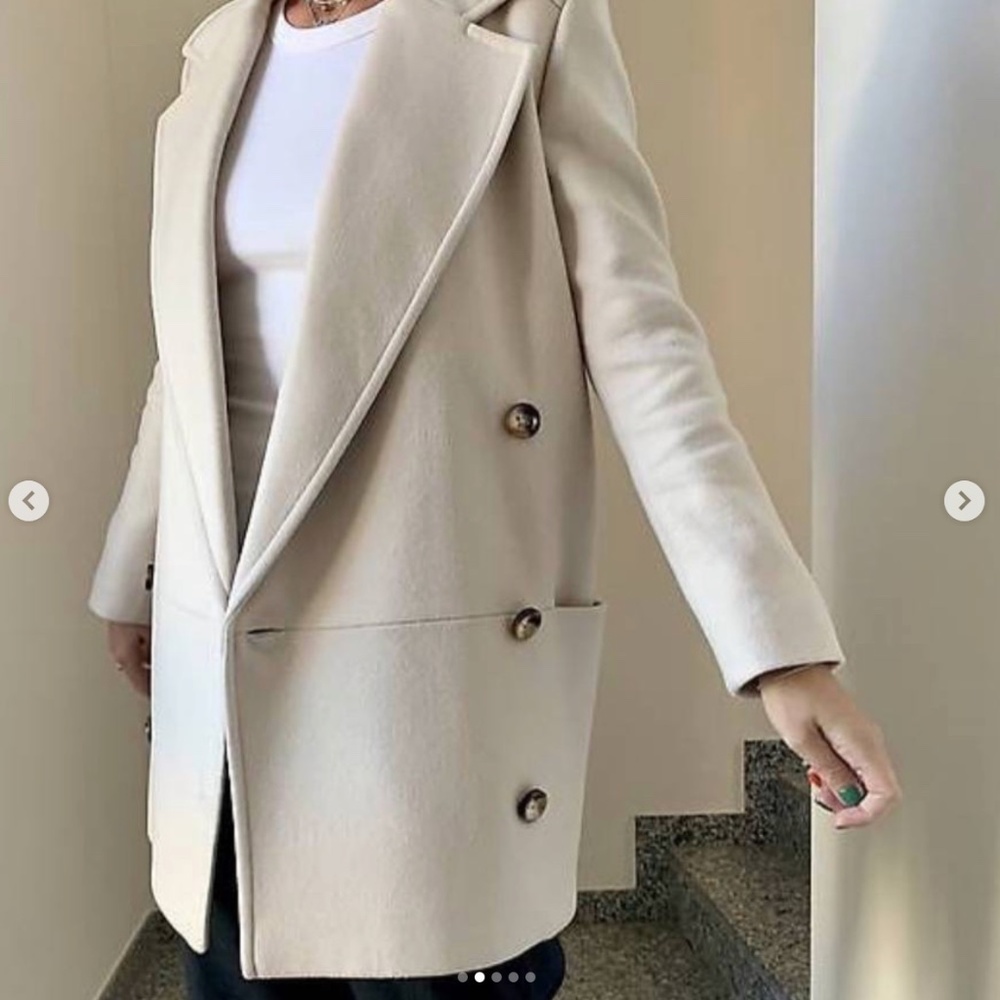 Massimo Dutti Classic Double-Breasted Wool Blend Long Jacket/Short Coat - Cream